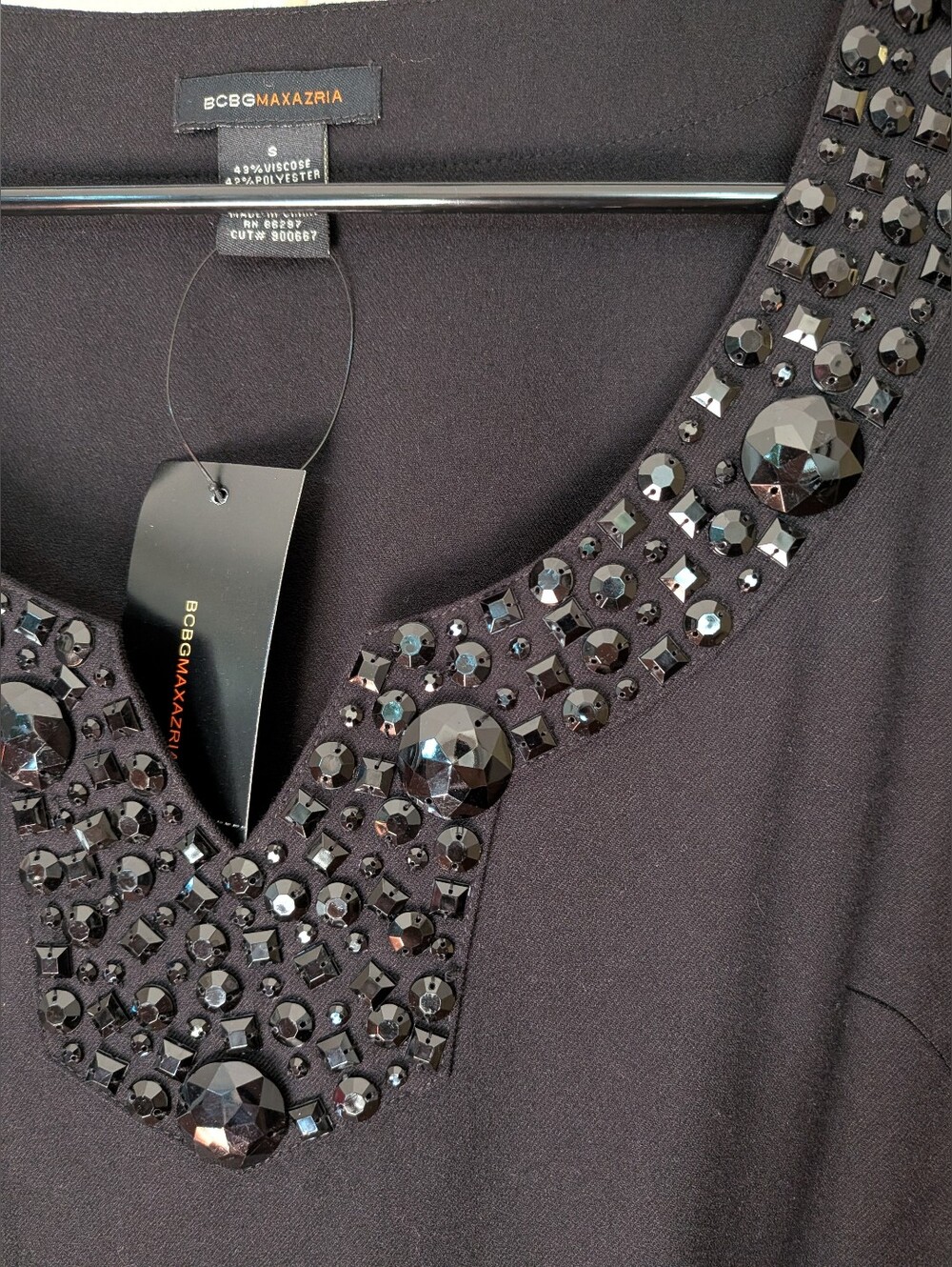 BCBGMaxAzria Black Jeweled V-Neck Long Sleeve Top - Picture 4 of 7